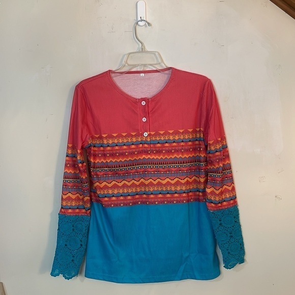 Bohemian Aztec Colorful Henley Pull Over Top - Picture 4 of 11